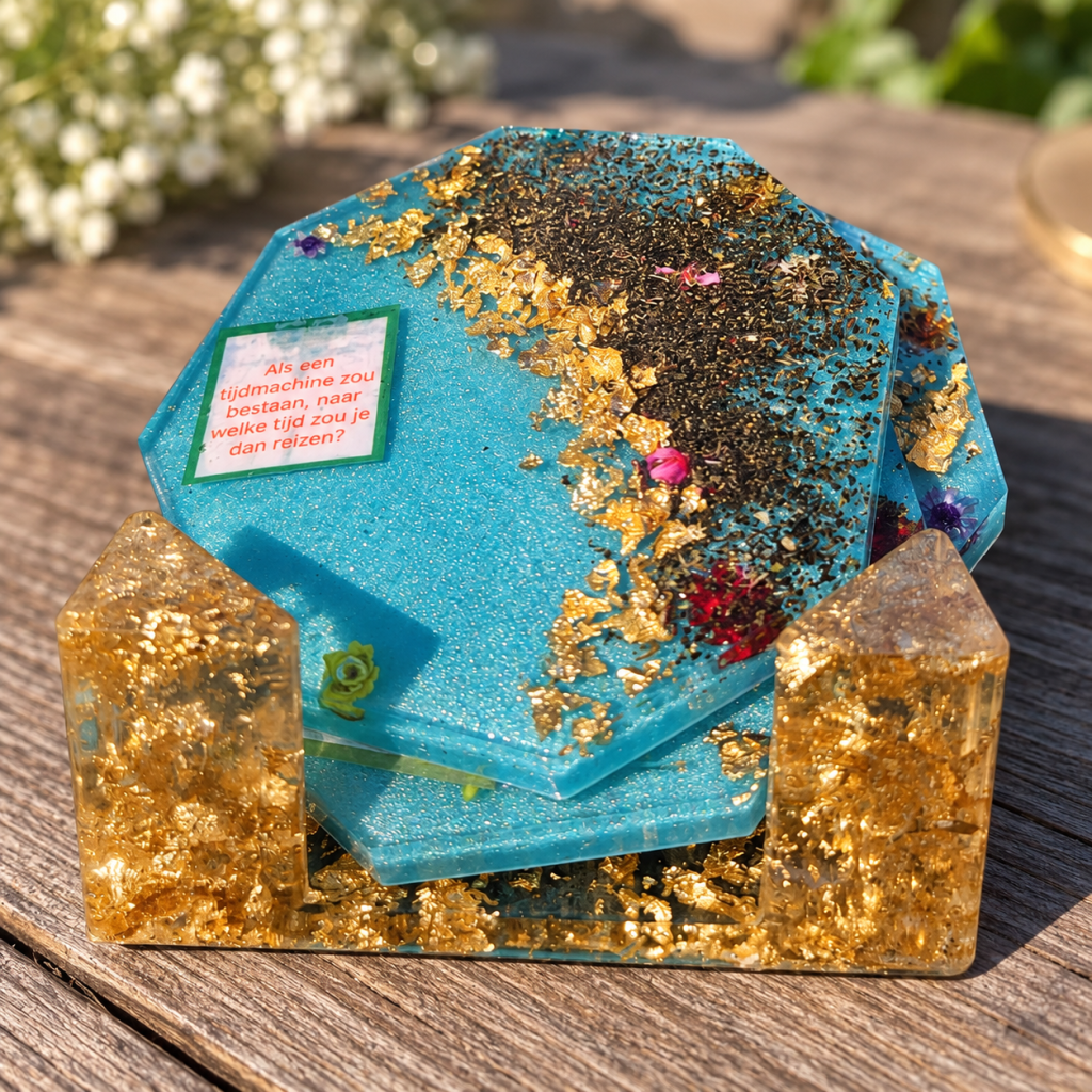 Unieke zeegroene onderzetters met goud en theevragen in houder